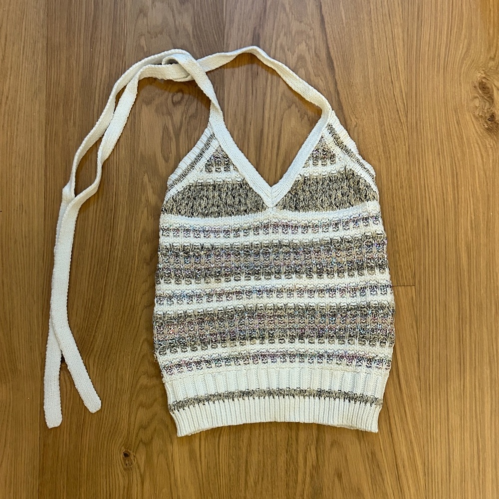 Ramy Brook Cream Knit Halter Tank with Metallic Multicolor Accents